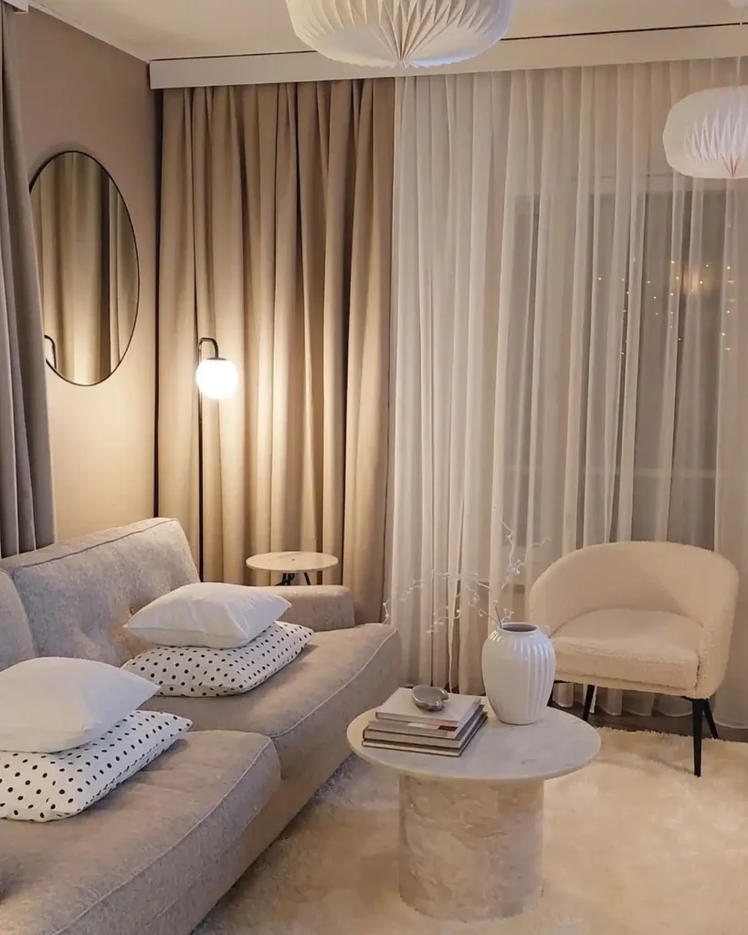 6. Soft Grey Beige Living Room With Marble Coffee Table