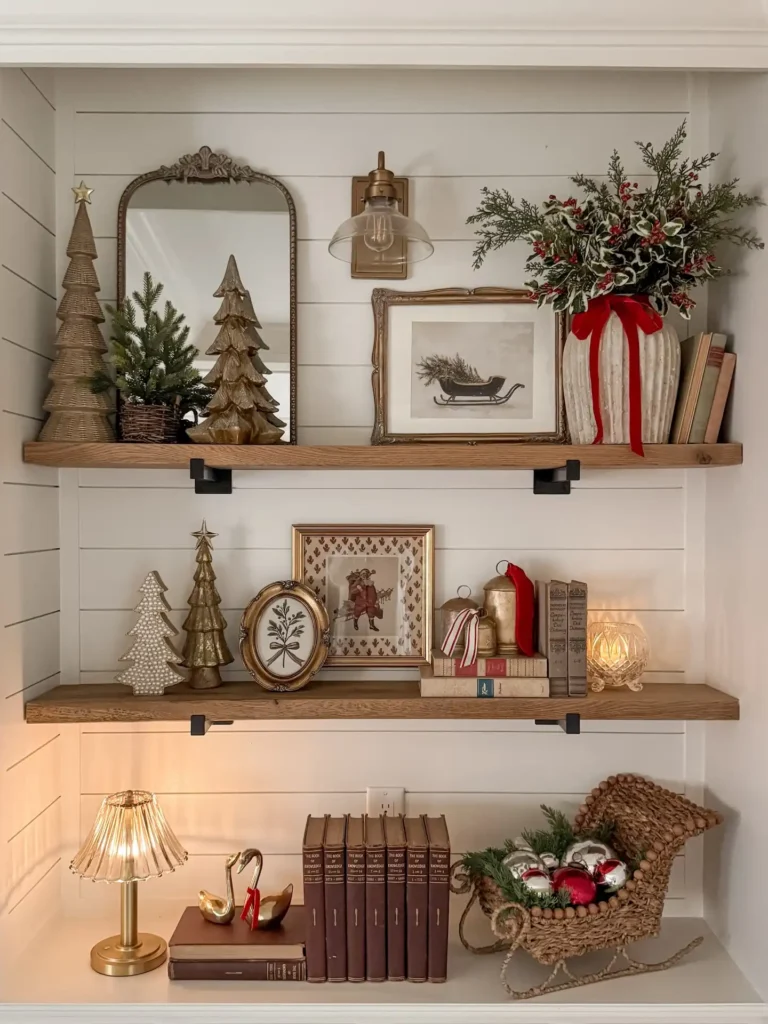 6. Vintage Styled Shelf Vignette with Mini Trees and Woven Sleigh