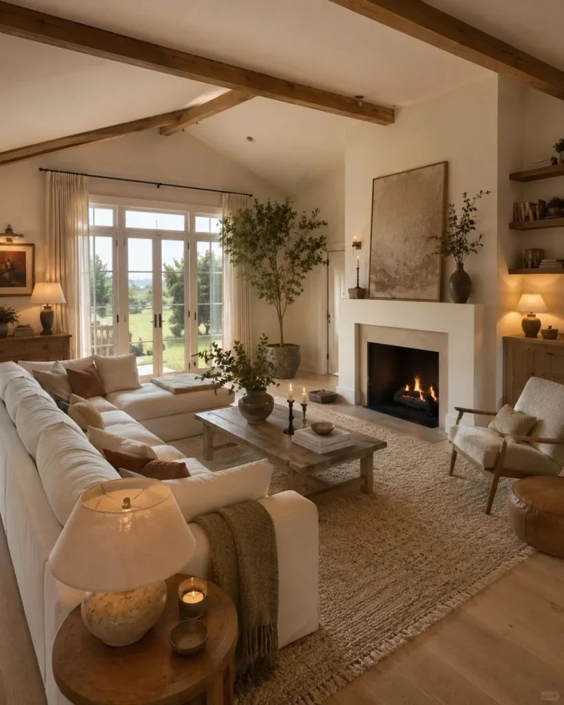 6. White Sectional By Stone Fireplace