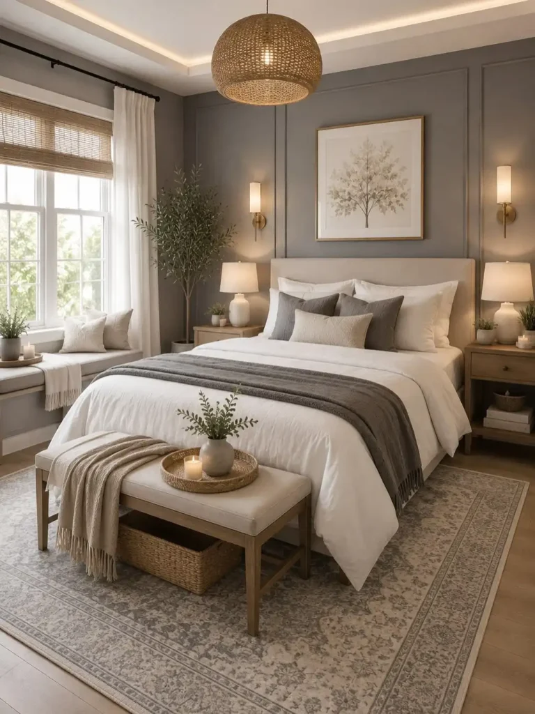 7. Grey Paneled Bedroom with Woven Dome Pendant