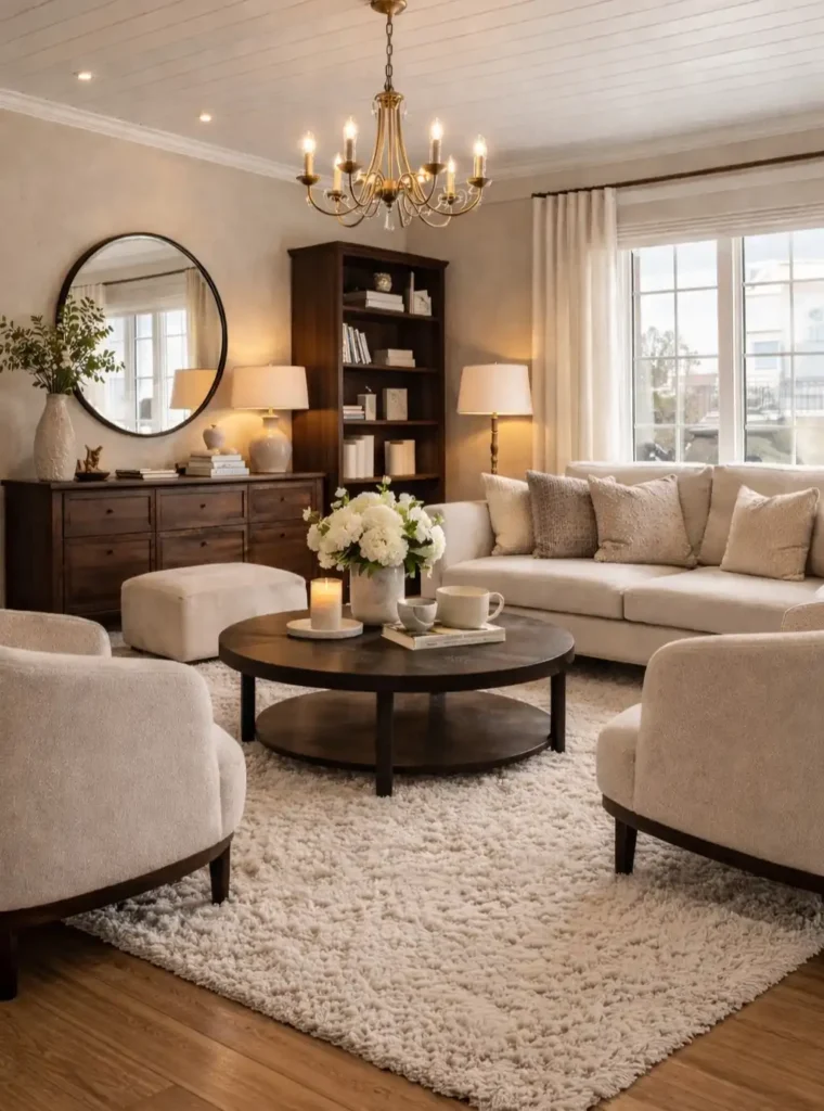 7. Round Chandelier Over Beige Sofa Set