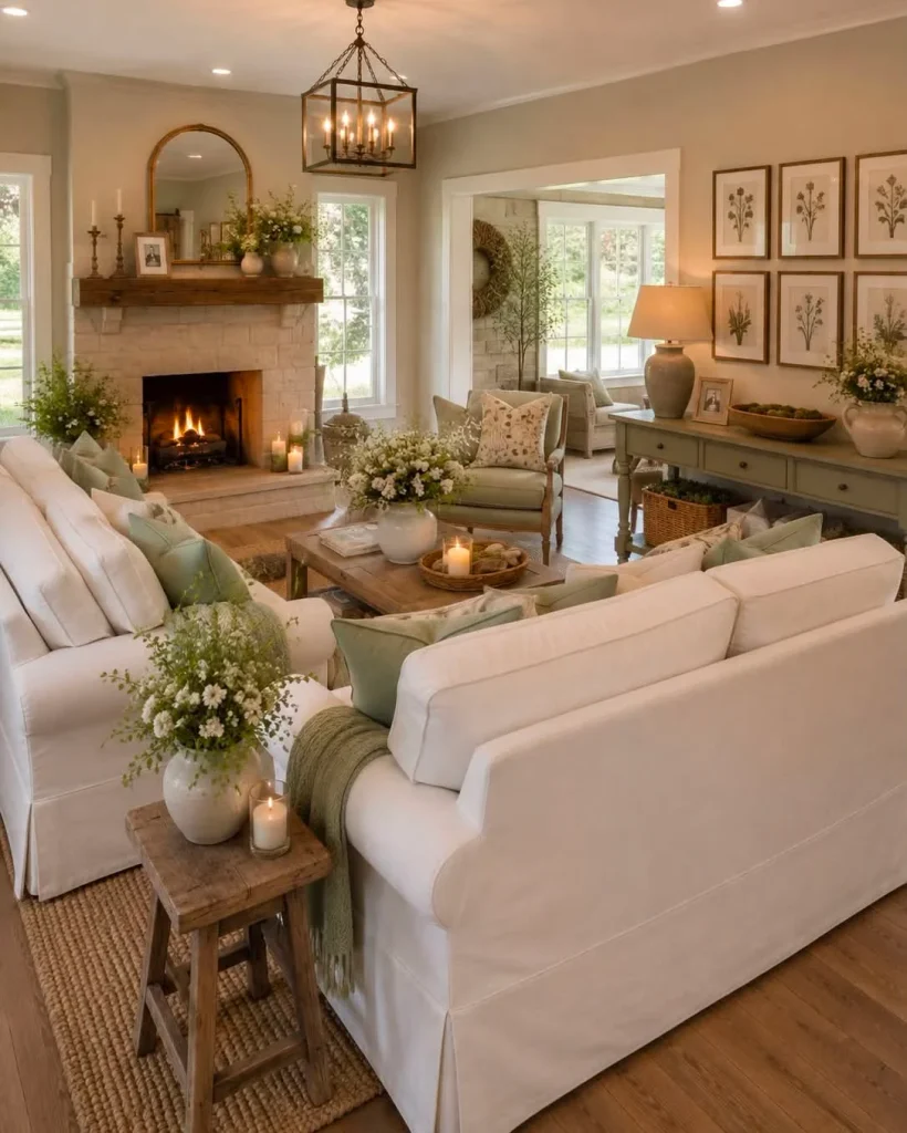 7. Stone Fireplace With Skirted Linen Sofas
