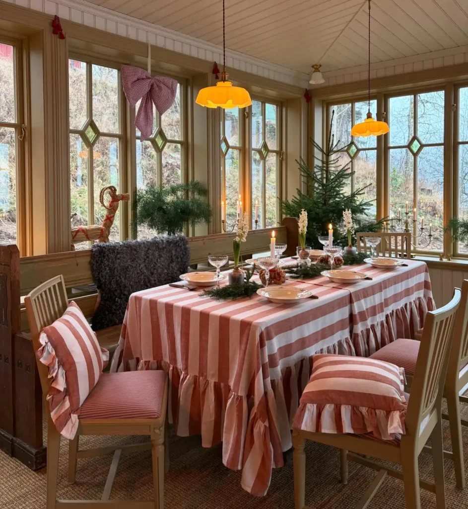 7. Striped Ruffled Tablecloth with Hyacinth and Pine Sprigs