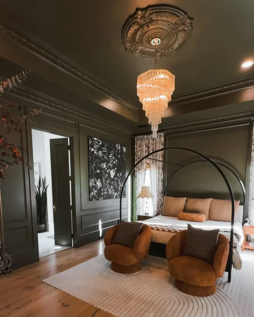 8. Arched Canopy Bed with Crystal Chandelier