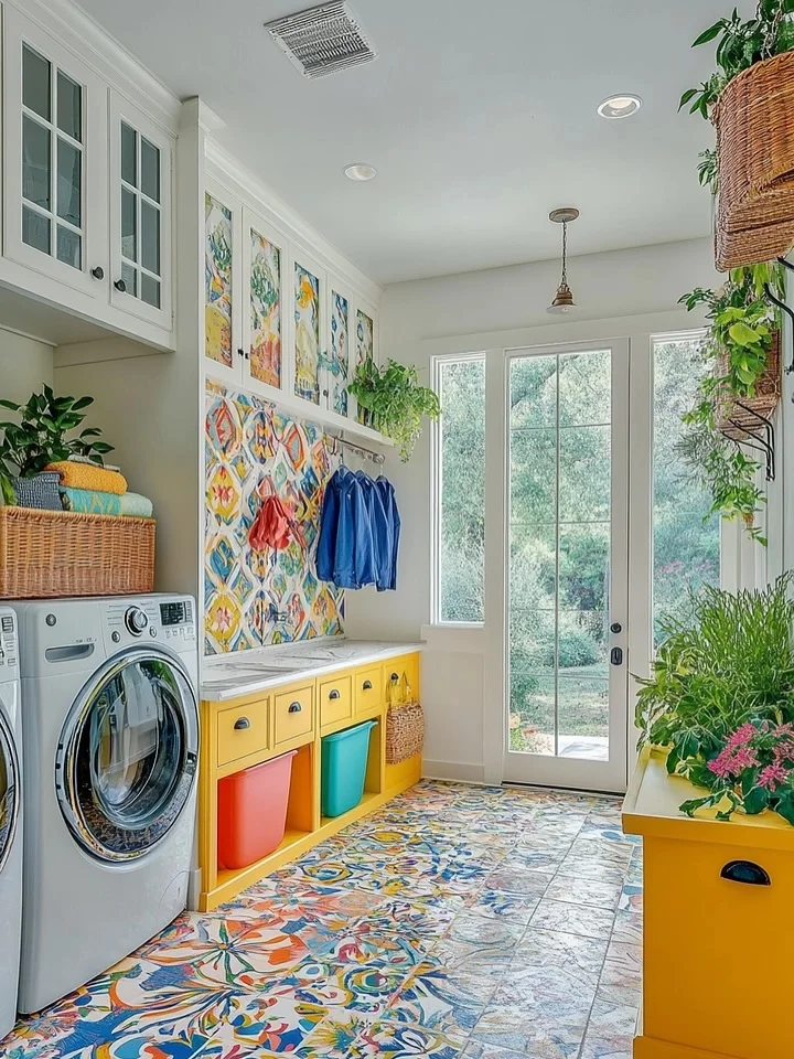 8. Bold Yellow Cabinets with Colorful Tile Floor