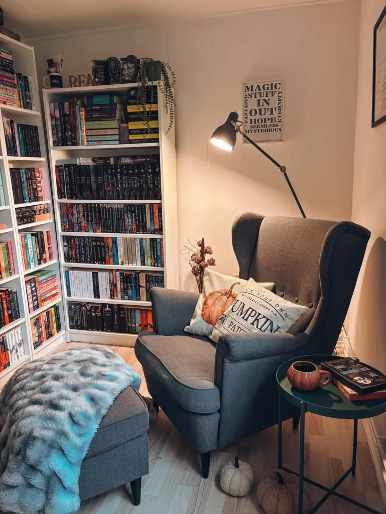 14 Cozy Living Room Reading Corners Built Around One Armchair 9 8. Grey Wingback Chair With Autumn Accents