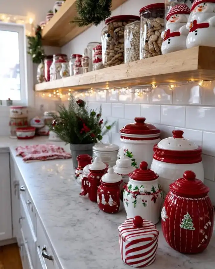 8. Red and White Canister Collection on Marble Counter