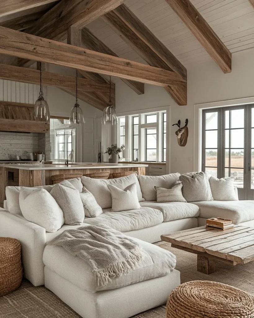 8. Vaulted Beam Ceiling With Woven Poufs