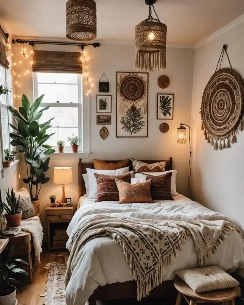 9. Boho Bedroom with Layered Wall Gallery and Fringed Textiles