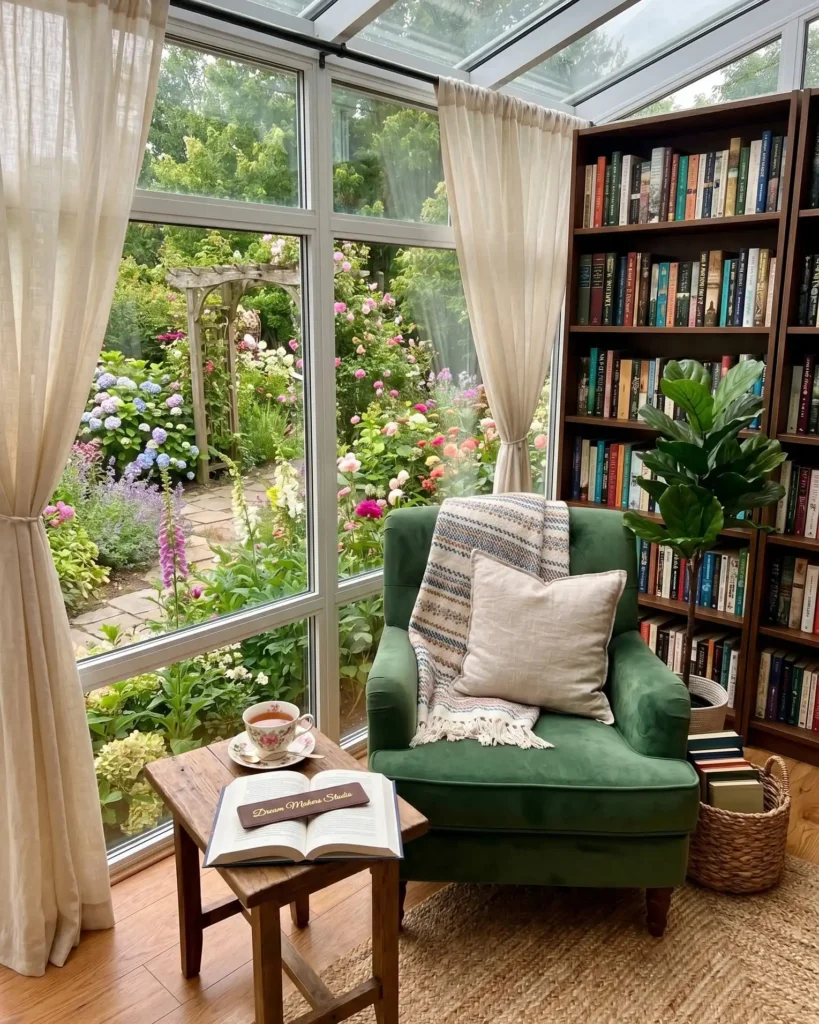 14 Cozy Living Room Reading Corners Built Around One Armchair 10 9. Green Velvet Chair Facing a Garden View
