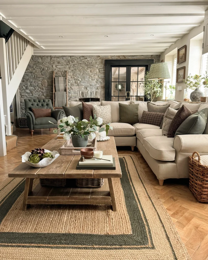 9. Stone Wall With Chunky Wood Coffee Table