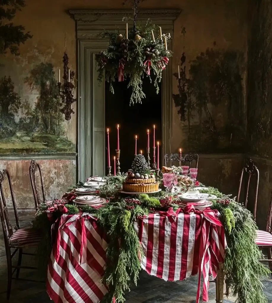 9. Suspended Greenery Chandelier Above a Draped Table Runner