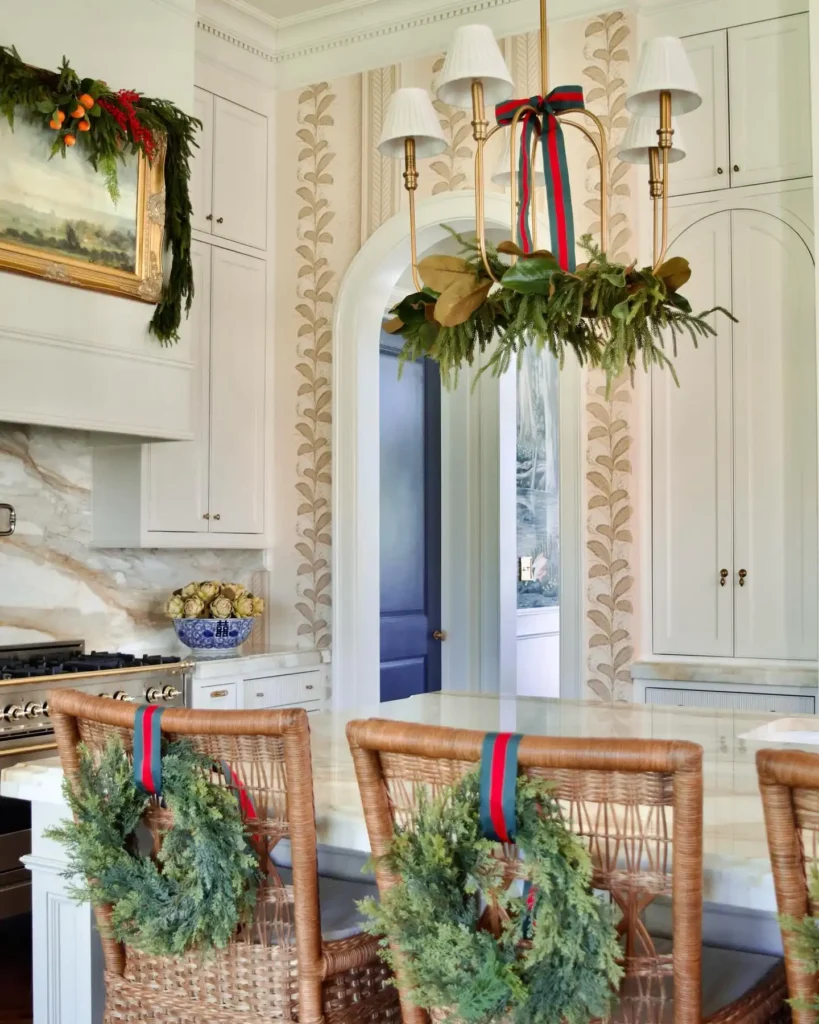 9. Wreath Tied Chandelier and Chair Backs